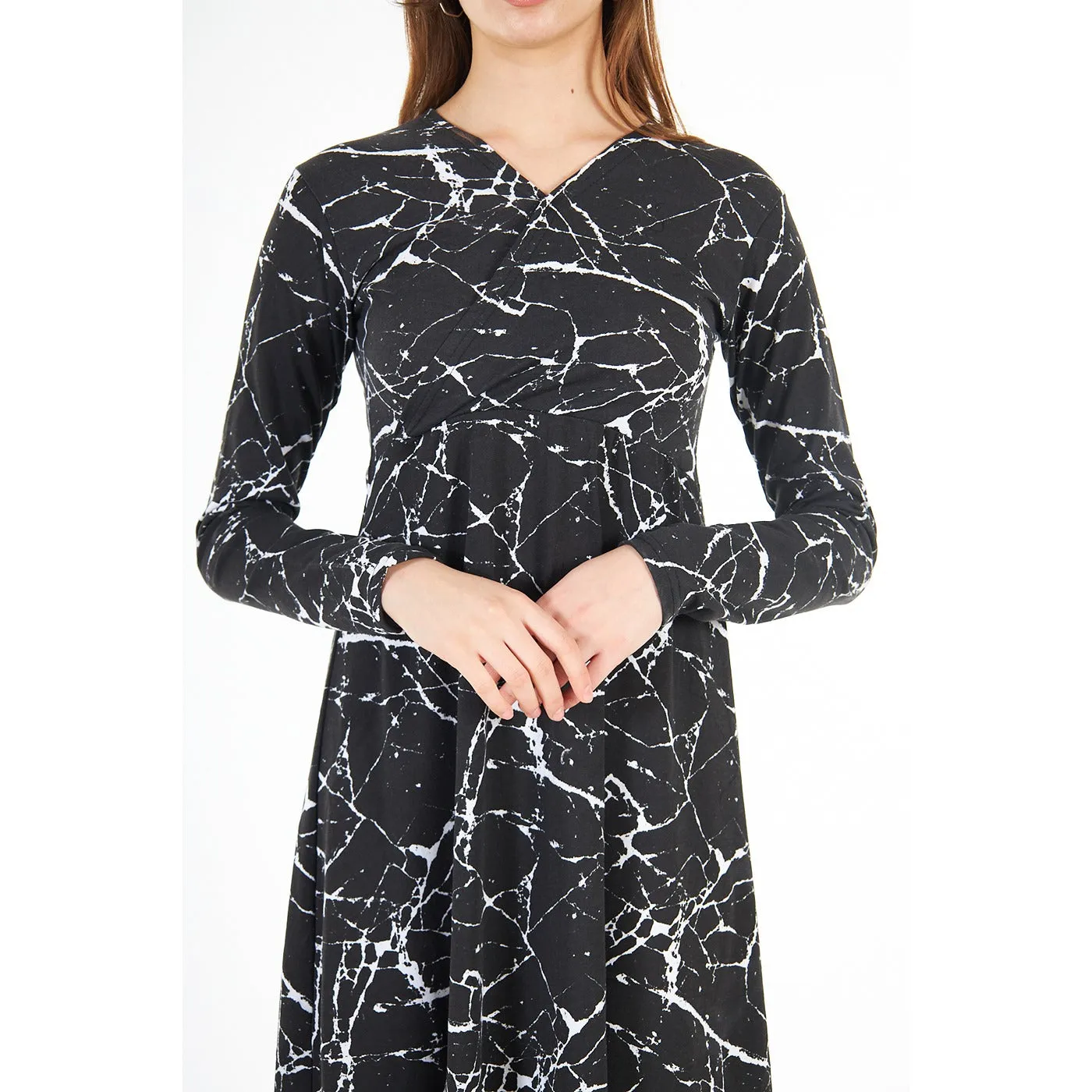 Black Printed Double Breasted Long Dress