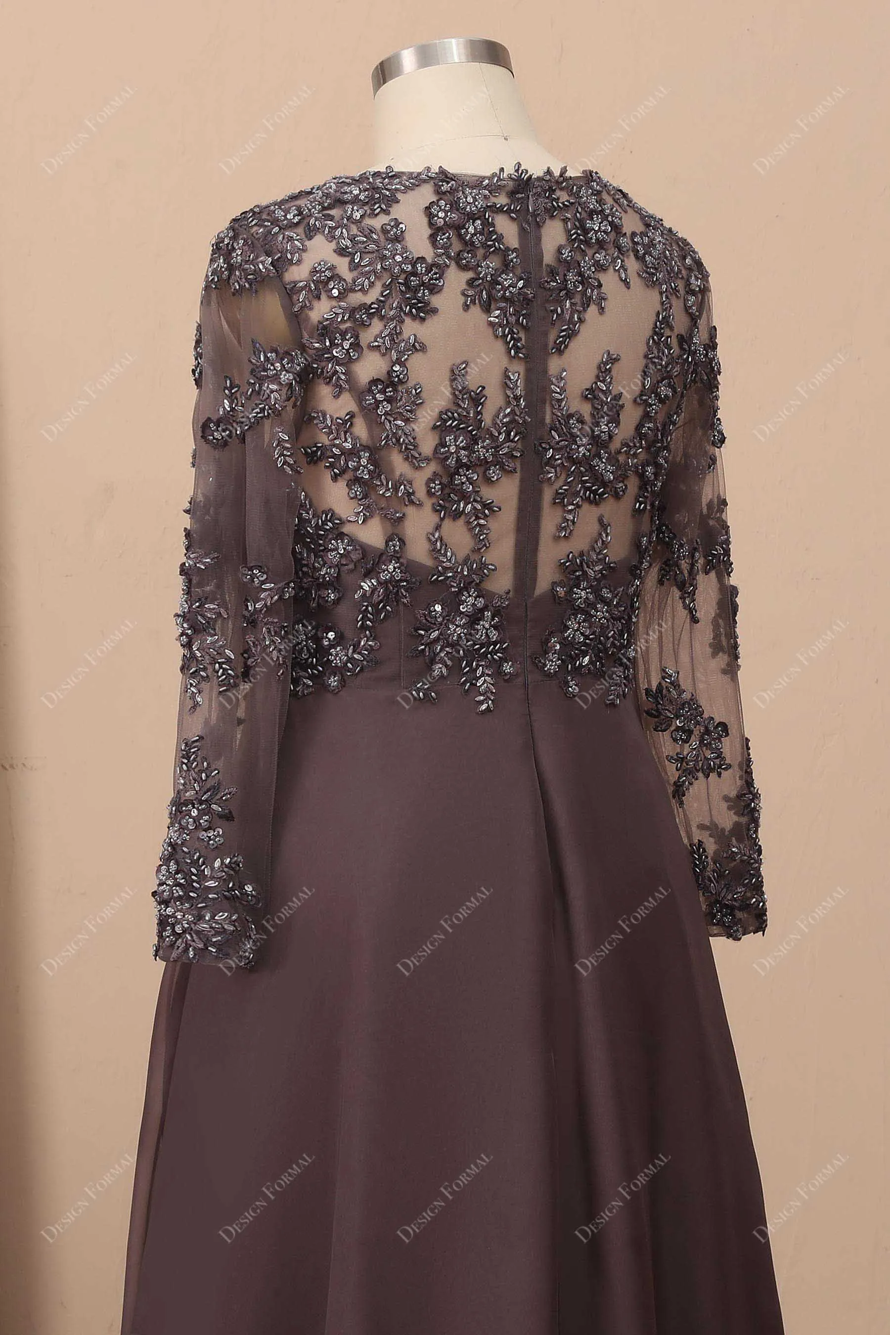 Brown Beaded Chiffon Sheer Sleeve Lace Plus Size Long Dress