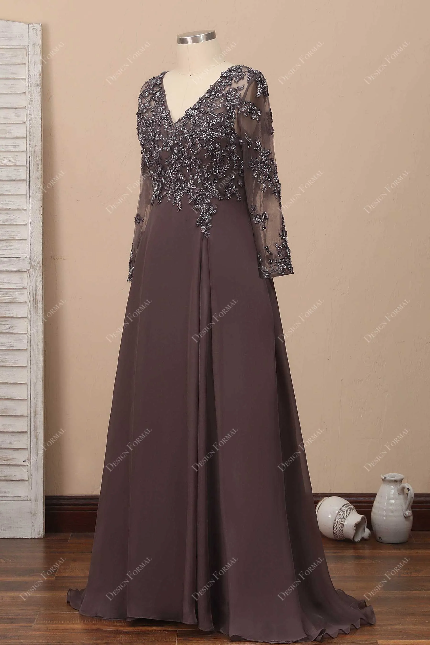 Brown Beaded Chiffon Sheer Sleeve Lace Plus Size Long Dress