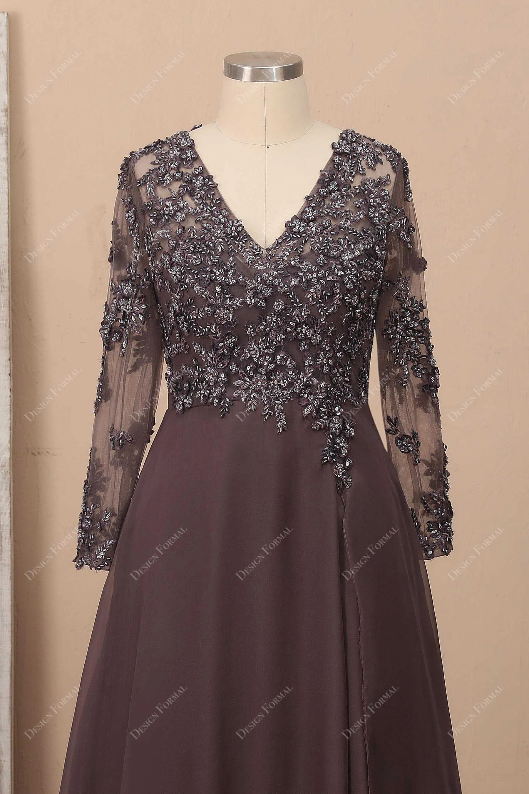 Brown Beaded Chiffon Sheer Sleeve Lace Plus Size Long Dress