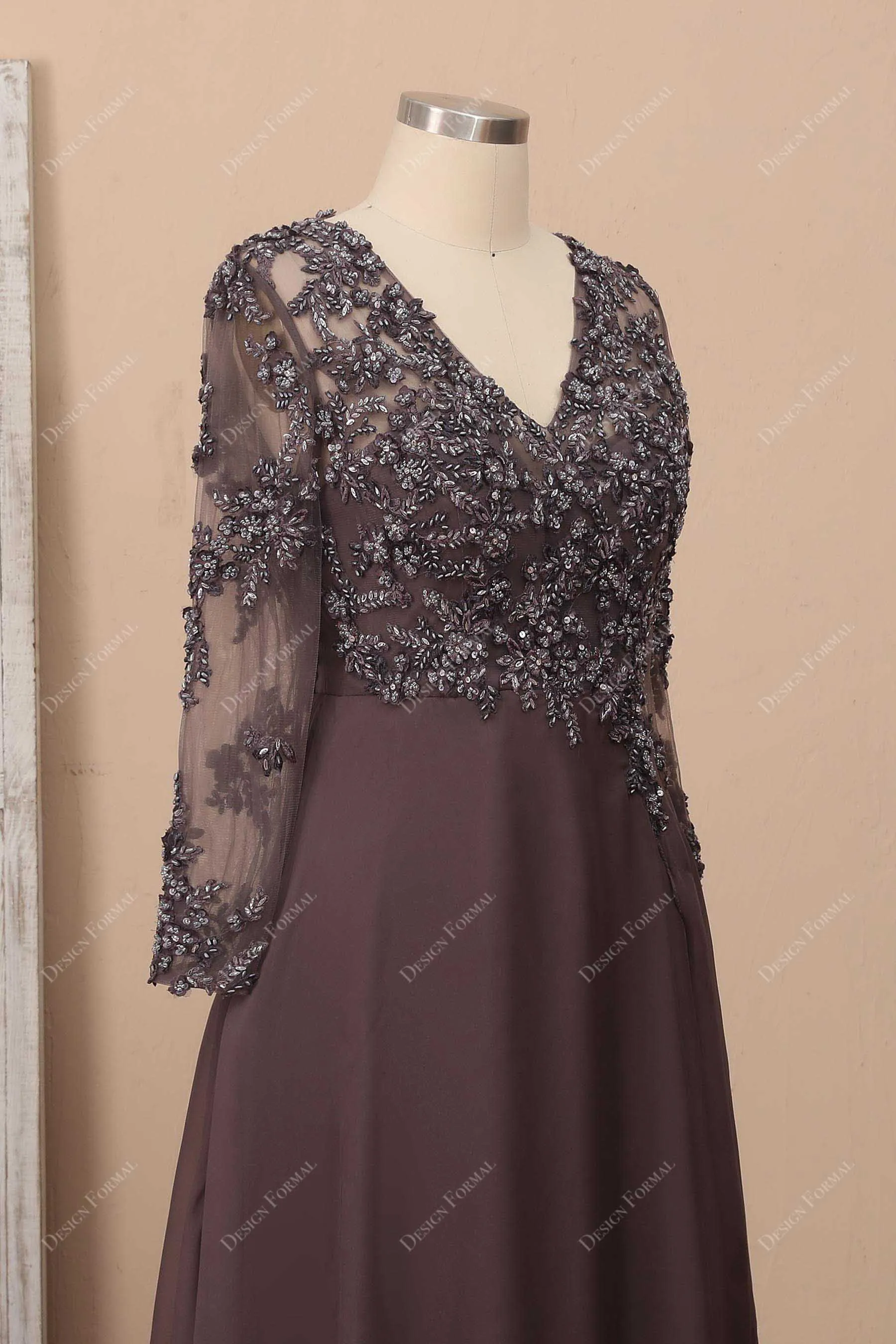 Brown Beaded Chiffon Sheer Sleeve Lace Plus Size Long Dress