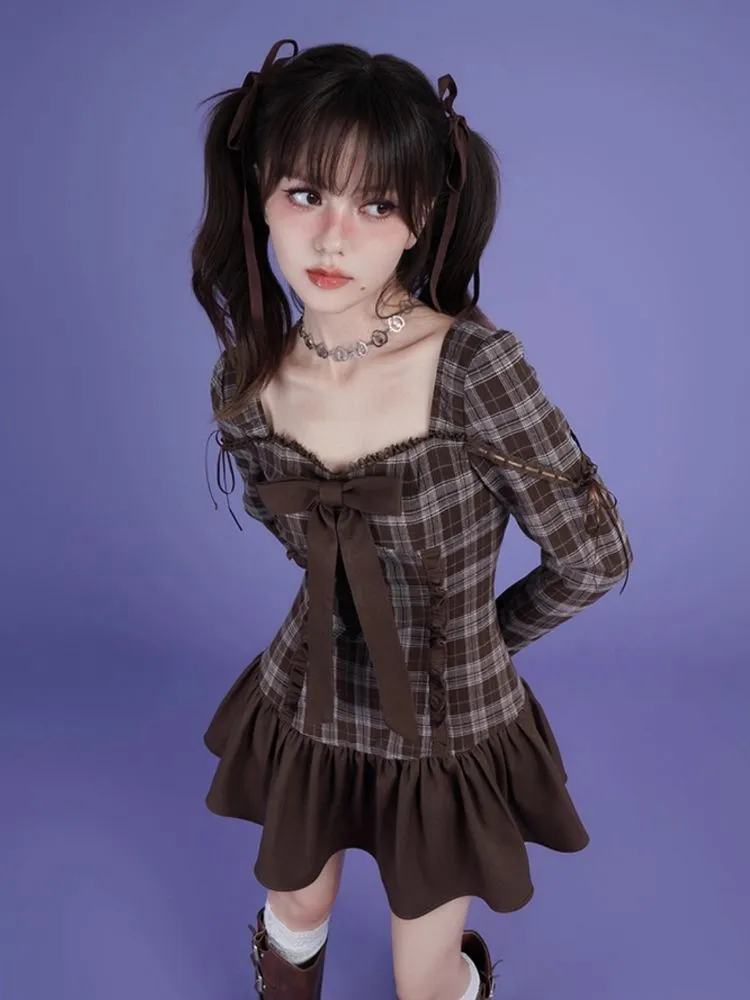 Brown Plaid Bow Long Sleeve Dress【s0000006498】