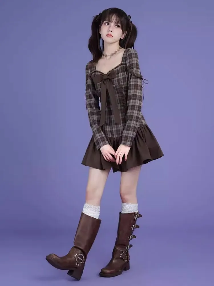Brown Plaid Bow Long Sleeve Dress【s0000006498】