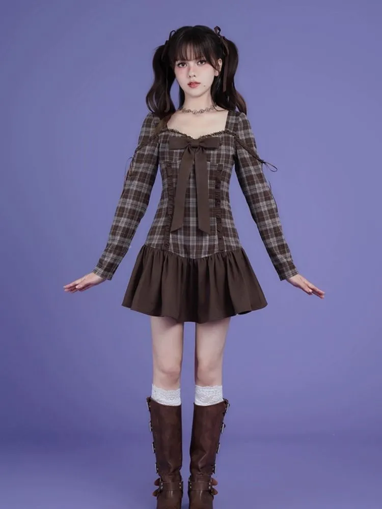 Brown Plaid Bow Long Sleeve Dress【s0000006498】