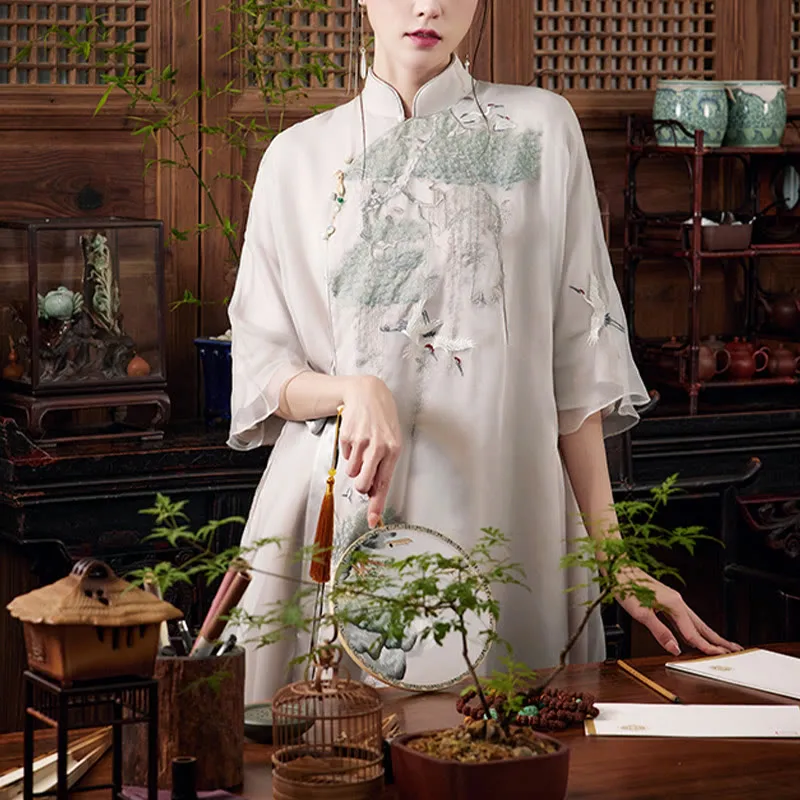 Buddha Stones 100% Mulberry Silk 6 Momme Dress Retro Pine Tree Crane Embroidery Qipao Dress Women's Cheongsam Dress