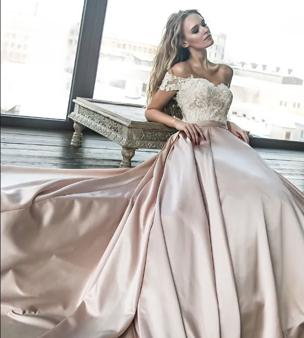 Champagne Satin Off The Shoulder Wedding Dress With Lace Top