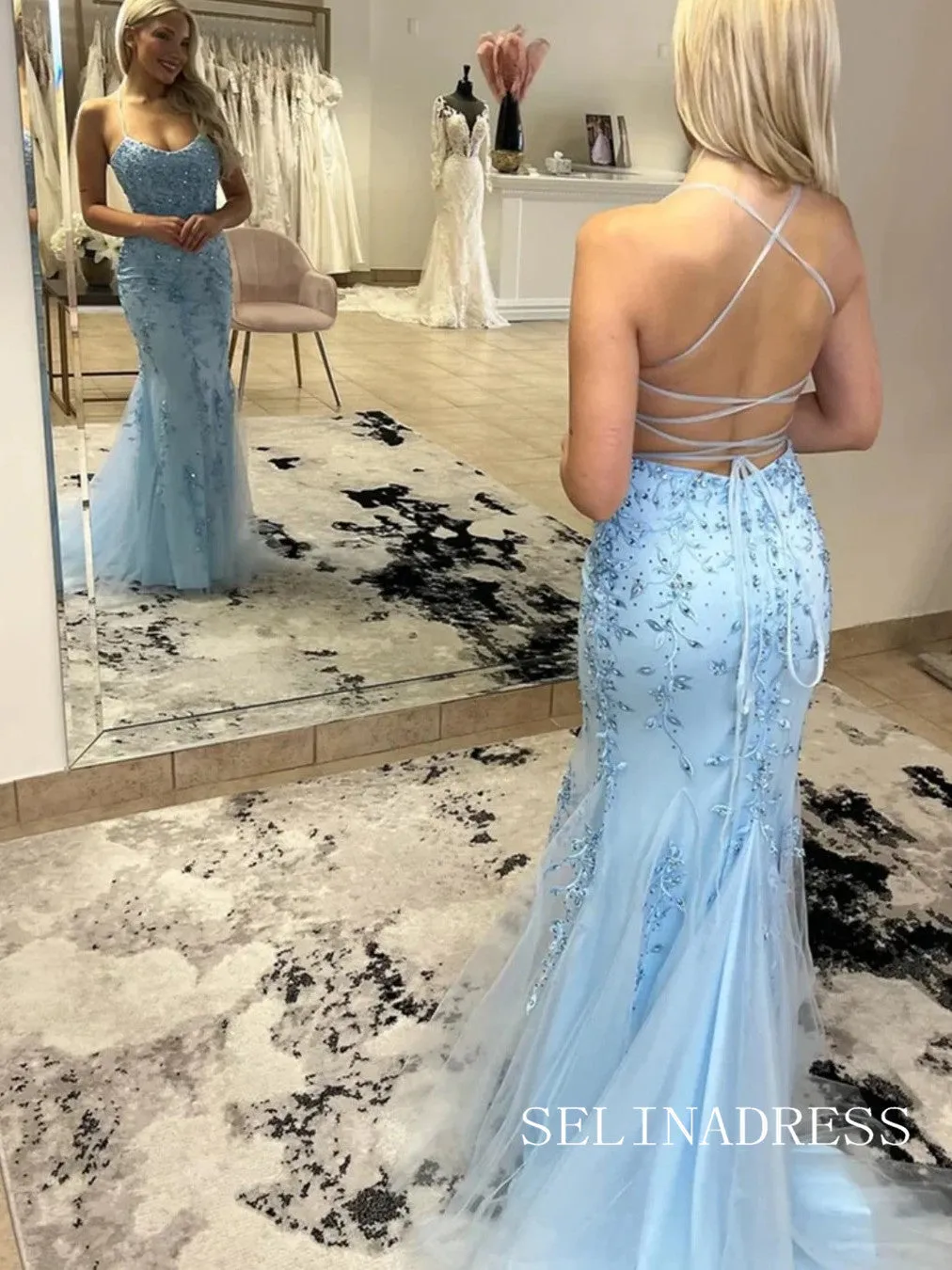 Chic Mermaid Spaghetti Straps Light Sky Blue Prom Dresses Lace Evening Dress lpk524