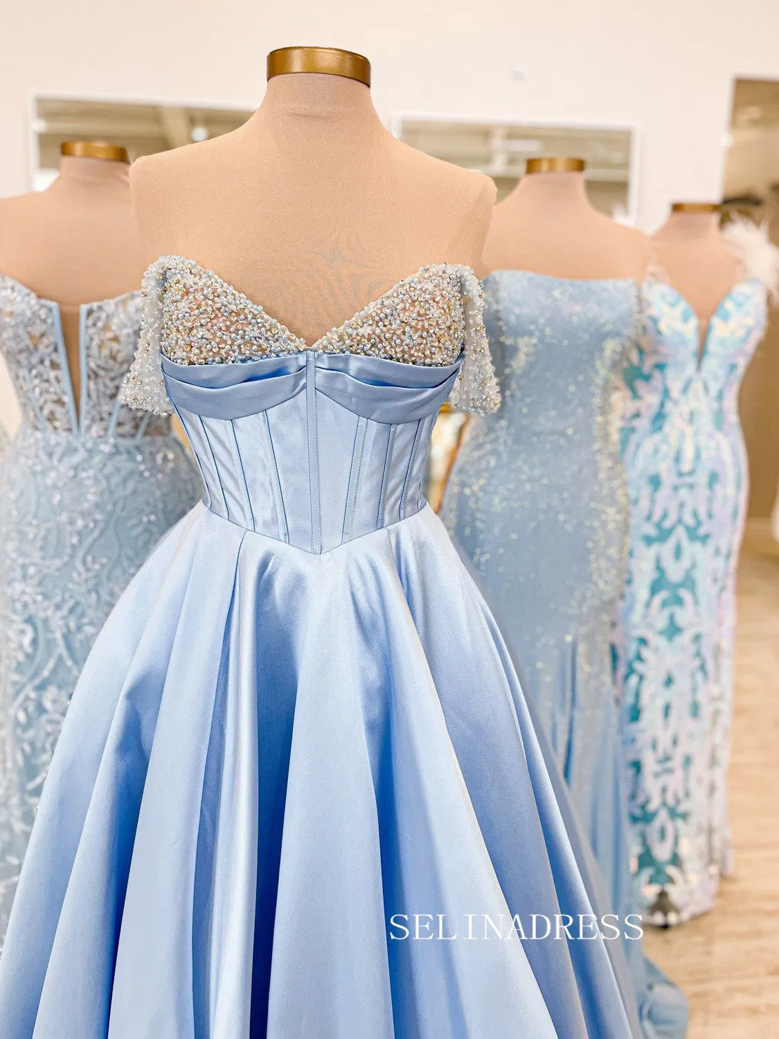 Chic Off-the-shoulder Beaded A-line Long Prom Dresses V neck Light Sky Blue Elegant Evening Dresses jkw238