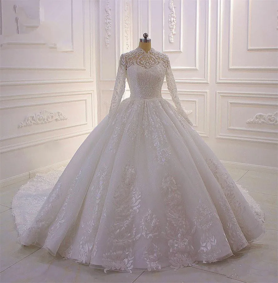 Classy Long A-line High Neck Appliques Lace Pearl Sequins Ruffles Wedding Dress with Sleeves