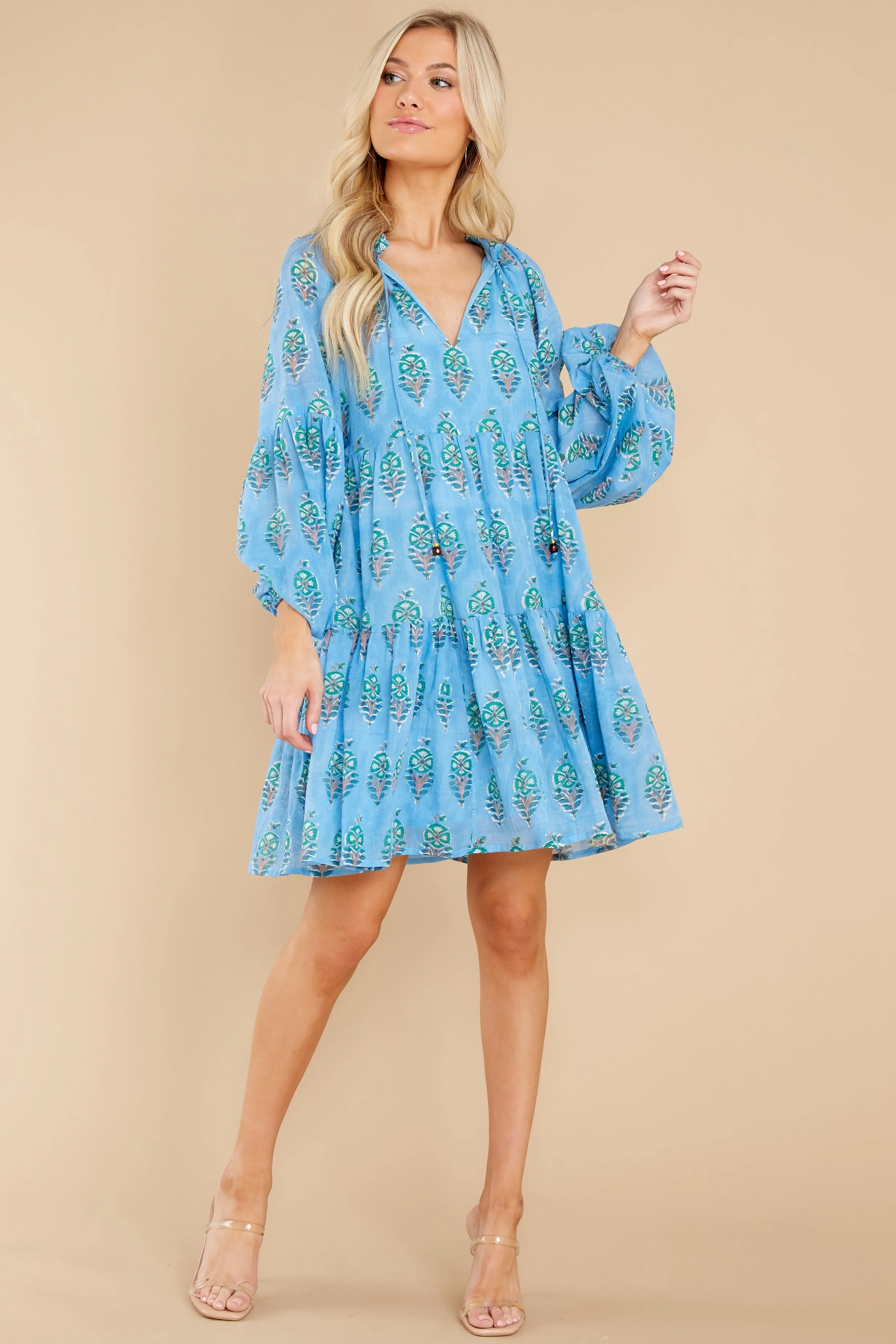 Clover Blue Balloon Sleeve Short Dress