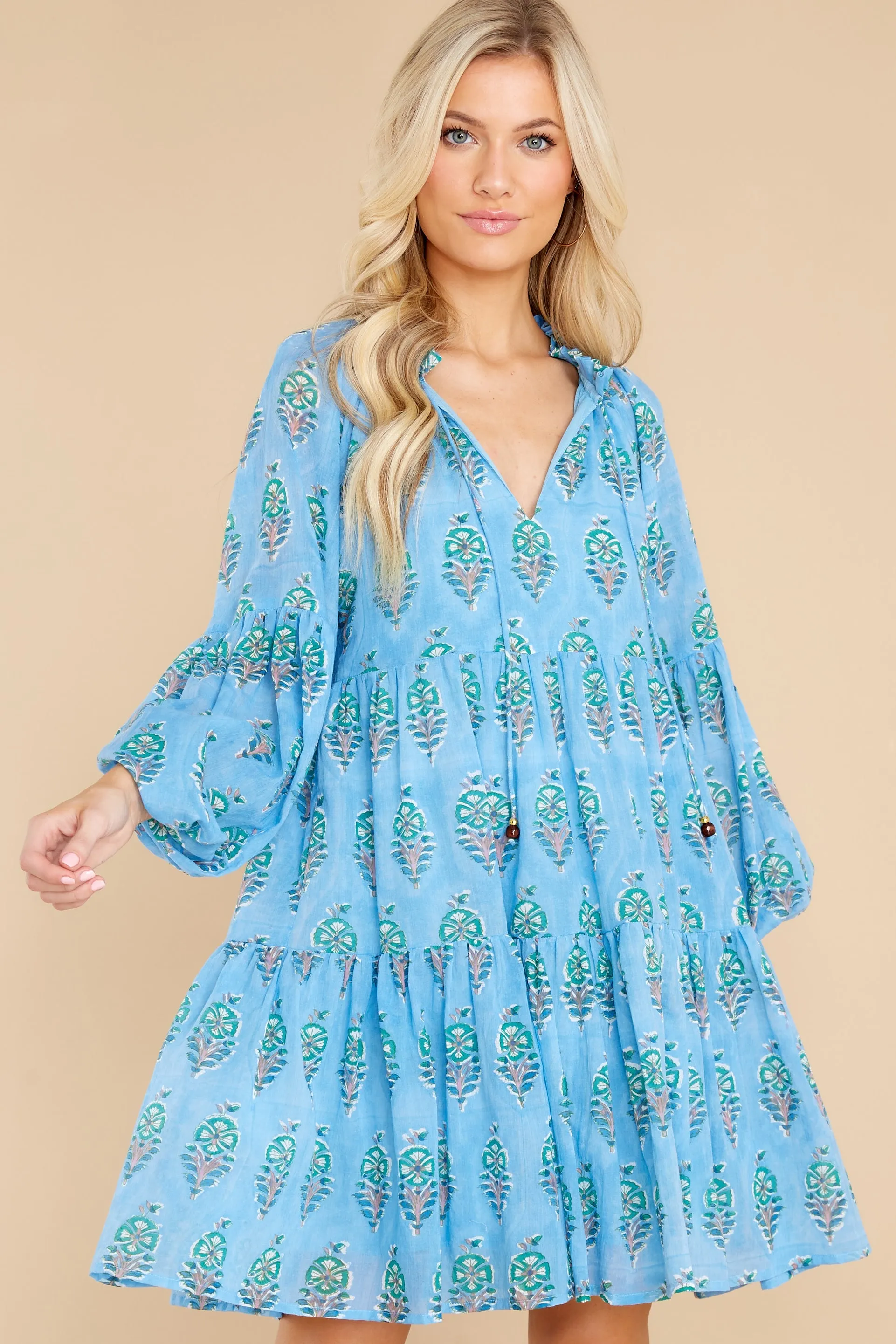 Clover Blue Balloon Sleeve Short Dress
