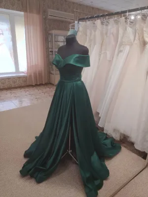 Dark Green Satin Off Shoulder Long Formal Dress with Slit Long Evening Dresses