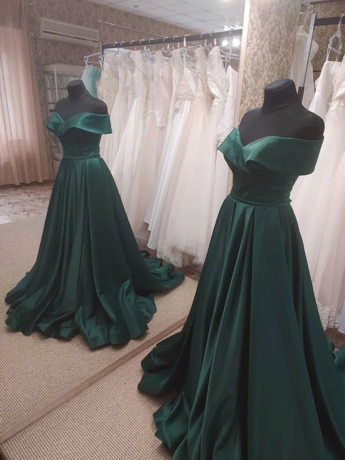 Dark Green Satin Off Shoulder Long Formal Dress with Slit Long Evening Dresses