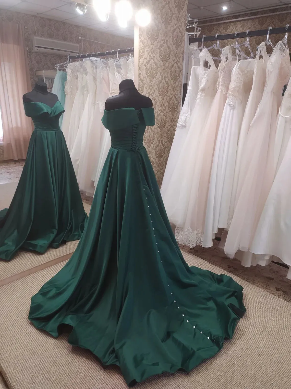 Dark Green Satin Off Shoulder Long Formal Dress with Slit Long Evening Dresses