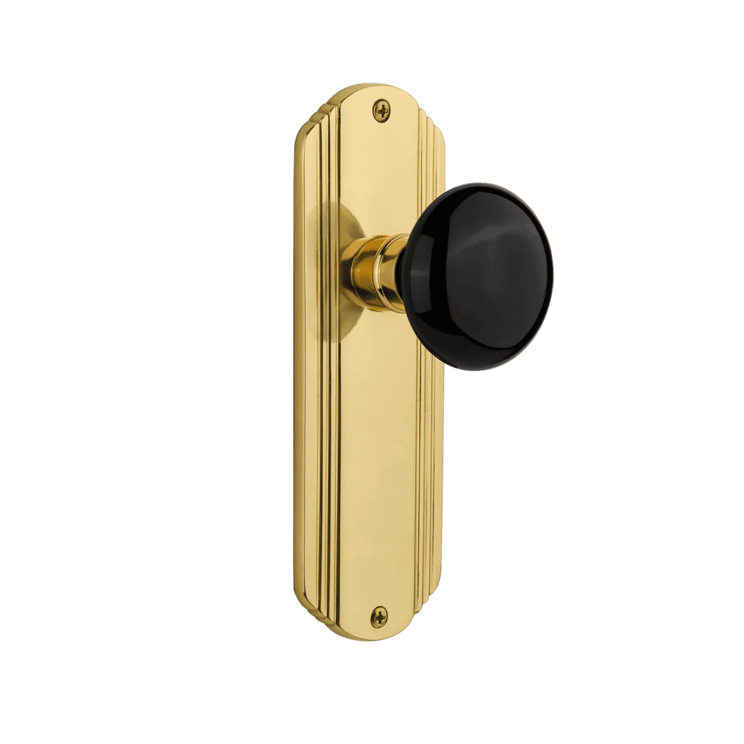 Deco Long Plate with Black Porcelain Knob in Polished Brass