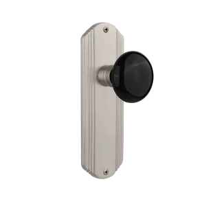 Deco Long Plate with Black Porcelain Knob in Satin Nickel