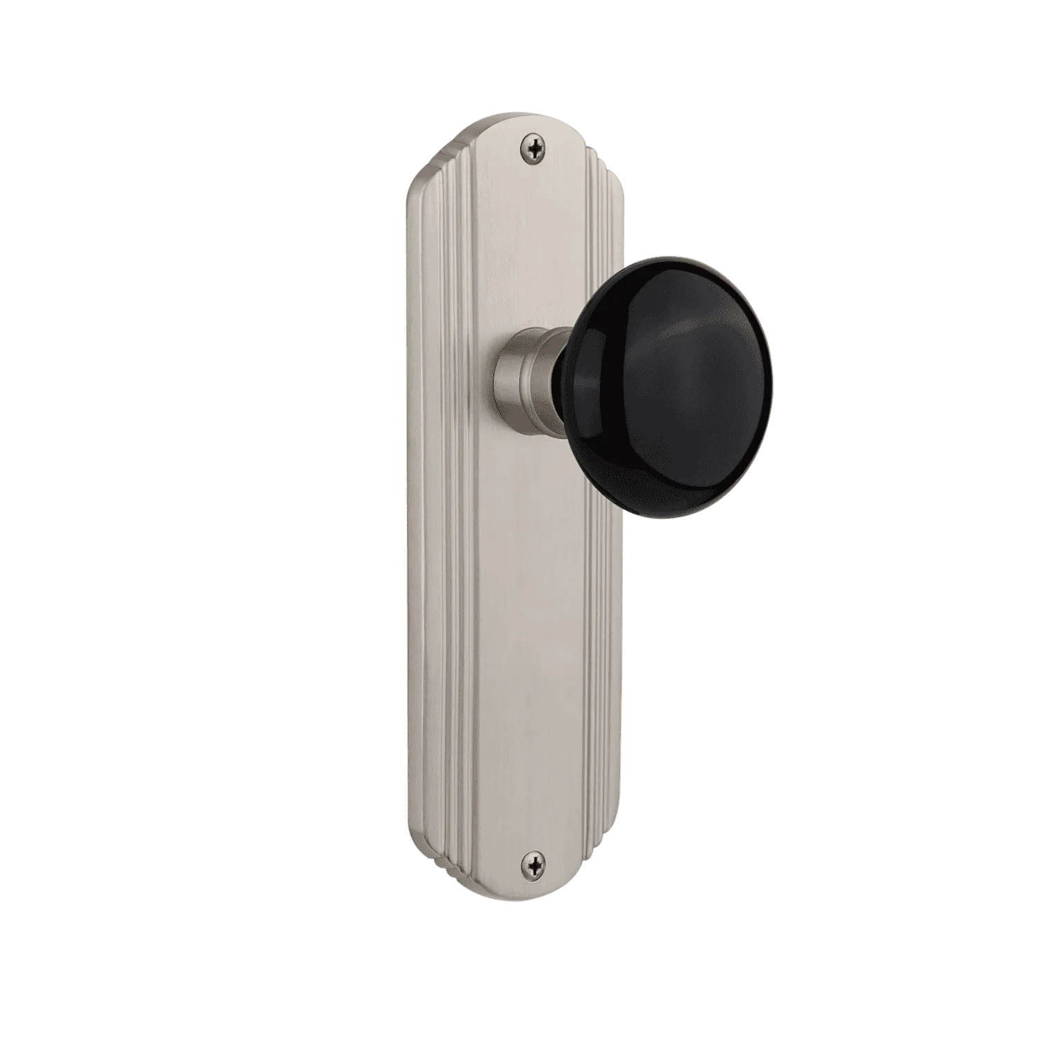 Deco Long Plate with Black Porcelain Knob in Satin Nickel