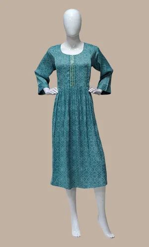Deep Aqua Green Bandhani Printed Kurti Dress