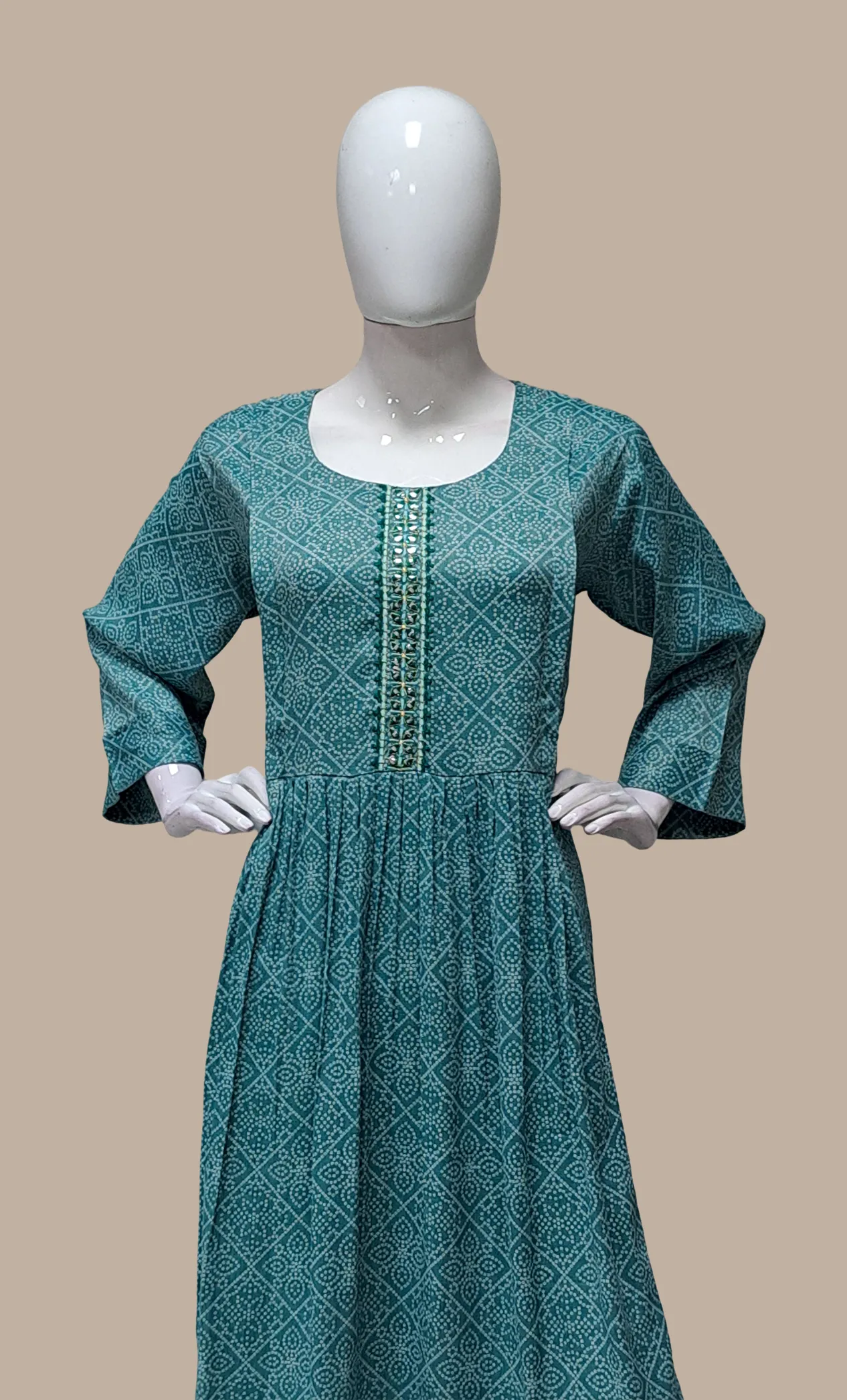 Deep Aqua Green Bandhani Printed Kurti Dress