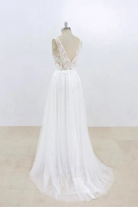 Deep V-neck Lace A-line Tulle Wedding Dress