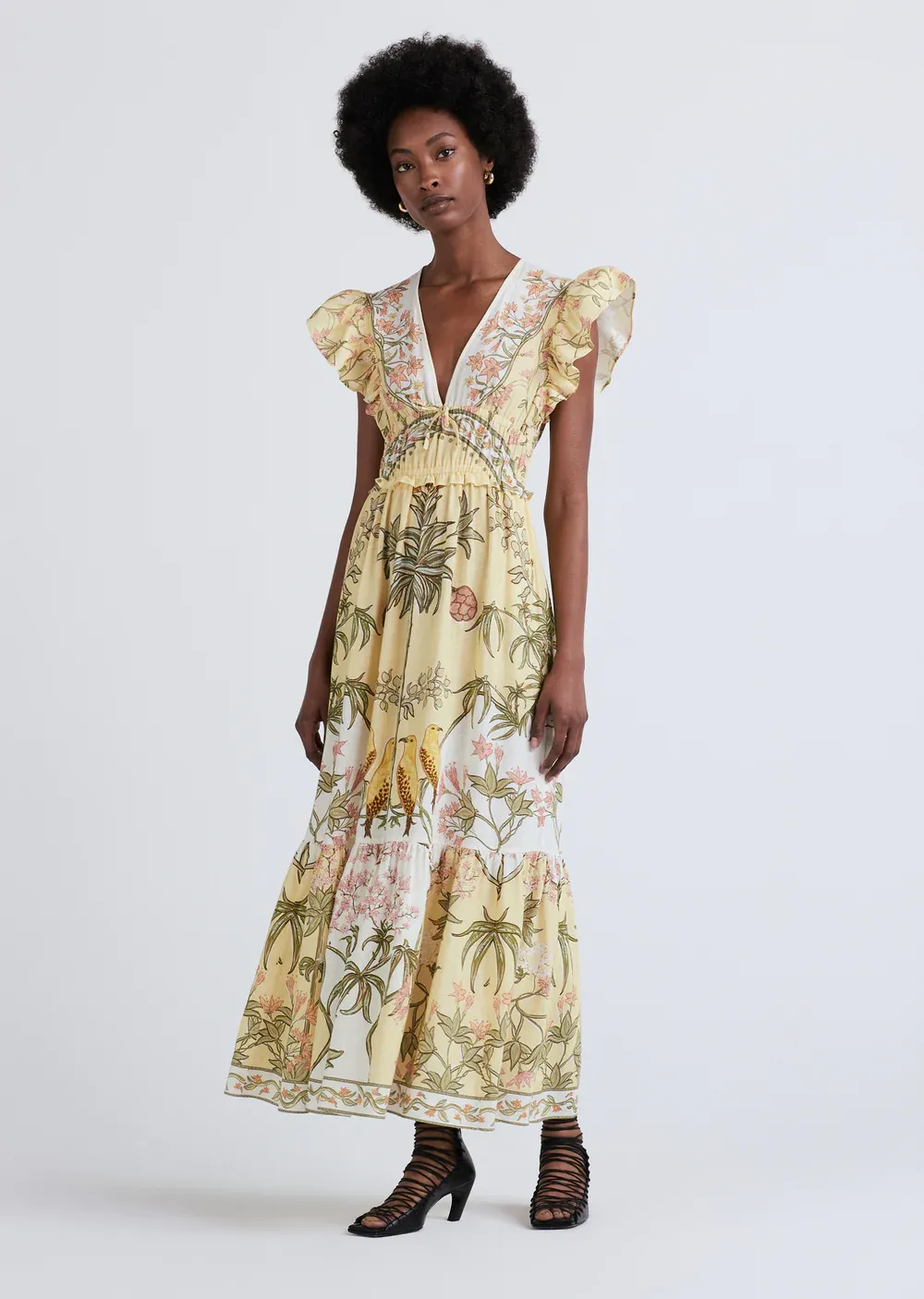 Derek Lam 10 Crosby - Isadora V-Neck Ruffle Dress in Pale Yellow Multi