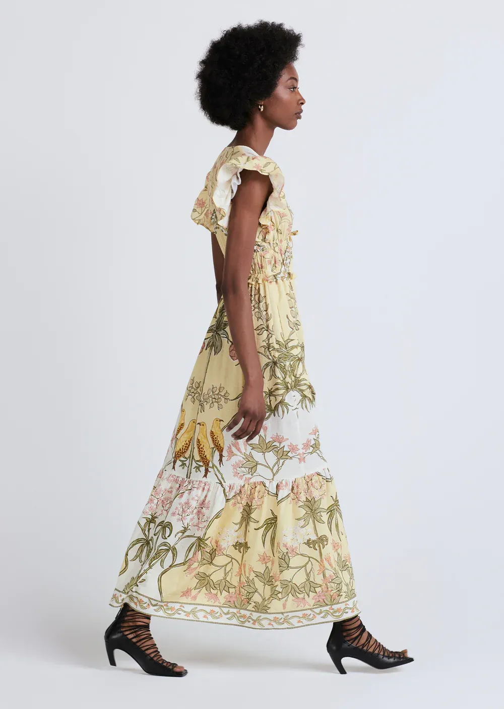 Derek Lam 10 Crosby - Isadora V-Neck Ruffle Dress in Pale Yellow Multi