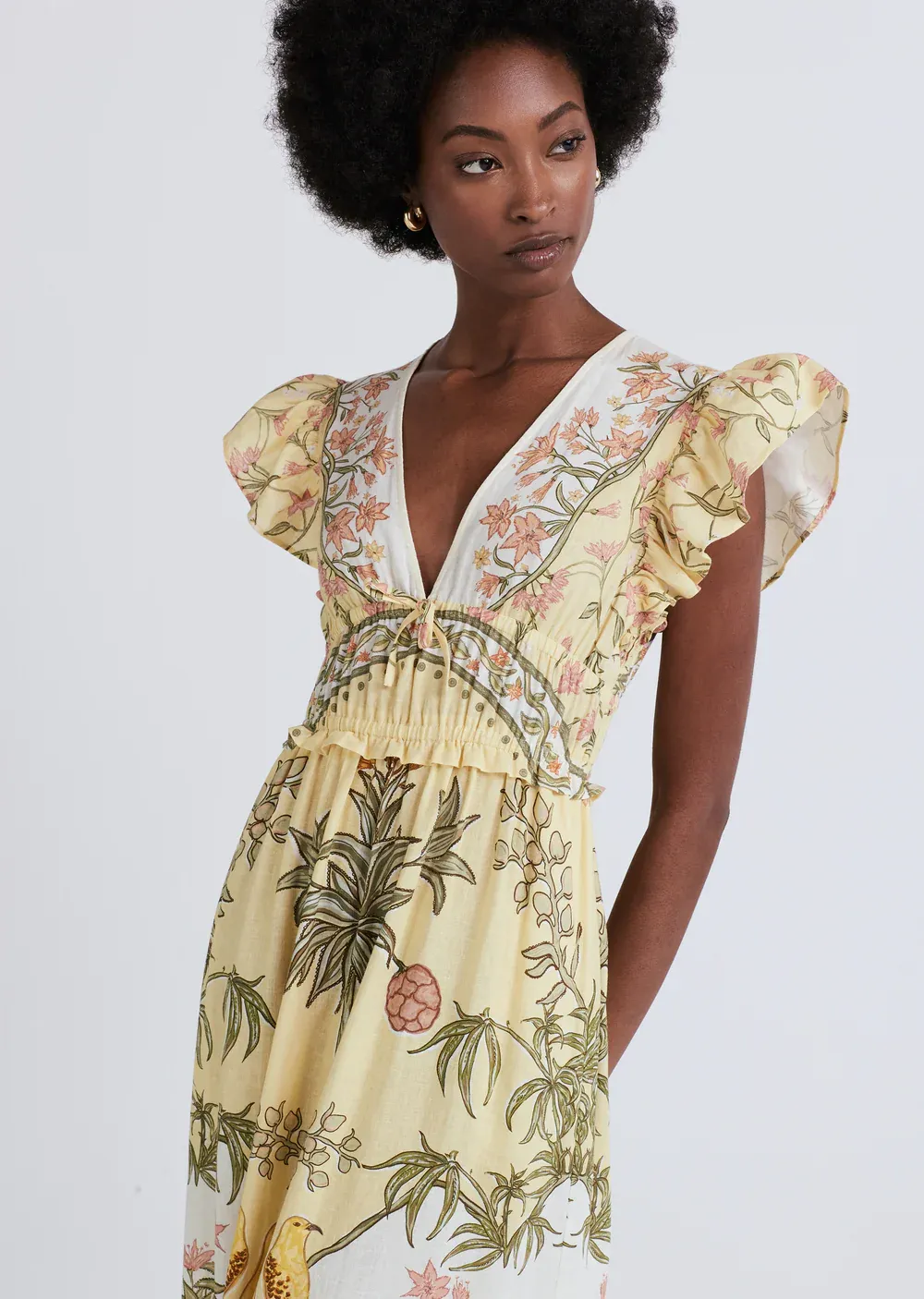 Derek Lam 10 Crosby - Isadora V-Neck Ruffle Dress in Pale Yellow Multi