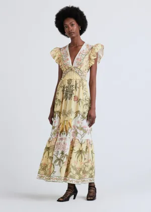 Derek Lam 10 Crosby - Isadora V-Neck Ruffle Dress in Pale Yellow Multi