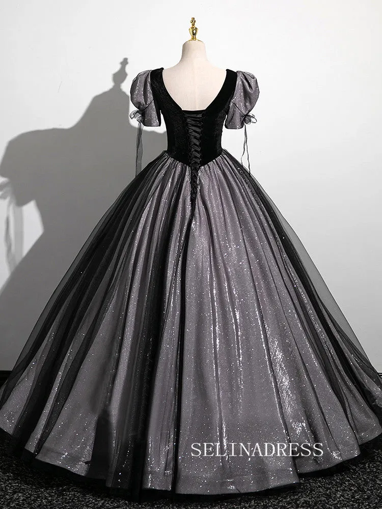 Elegant Black Ball Gown Princess Dresses Puff sleeve Evening Gowns TKL2509