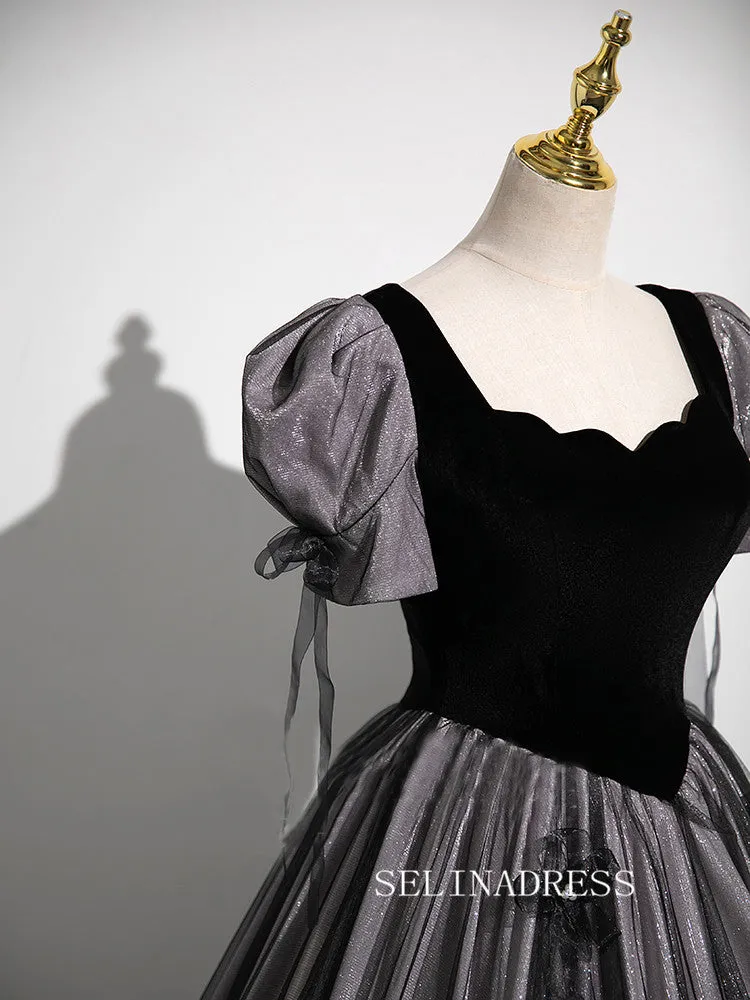 Elegant Black Ball Gown Princess Dresses Puff sleeve Evening Gowns TKL2509