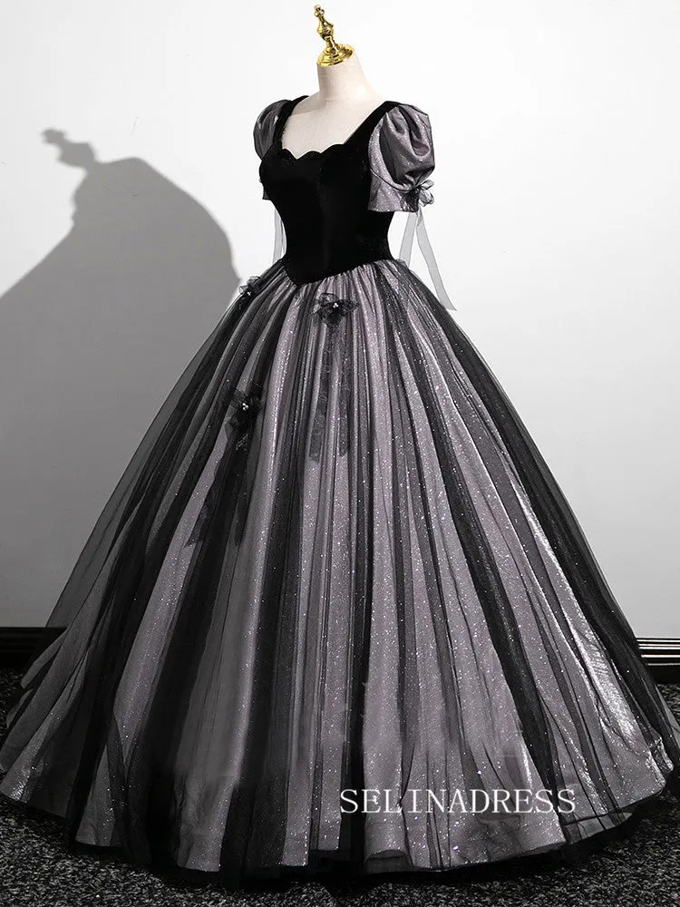 Elegant Black Ball Gown Princess Dresses Puff sleeve Evening Gowns TKL2509