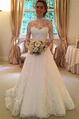Elegant Lace A-line Long Sleeve High Neck Wedding Dresses WD032