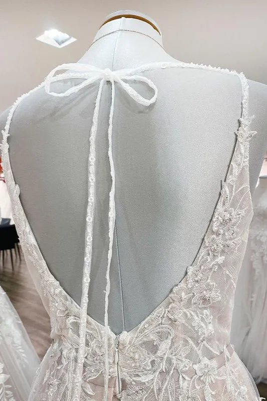 Elegant Long A-line V Neck Sleeveless Ruffles Backless Wedding Dress