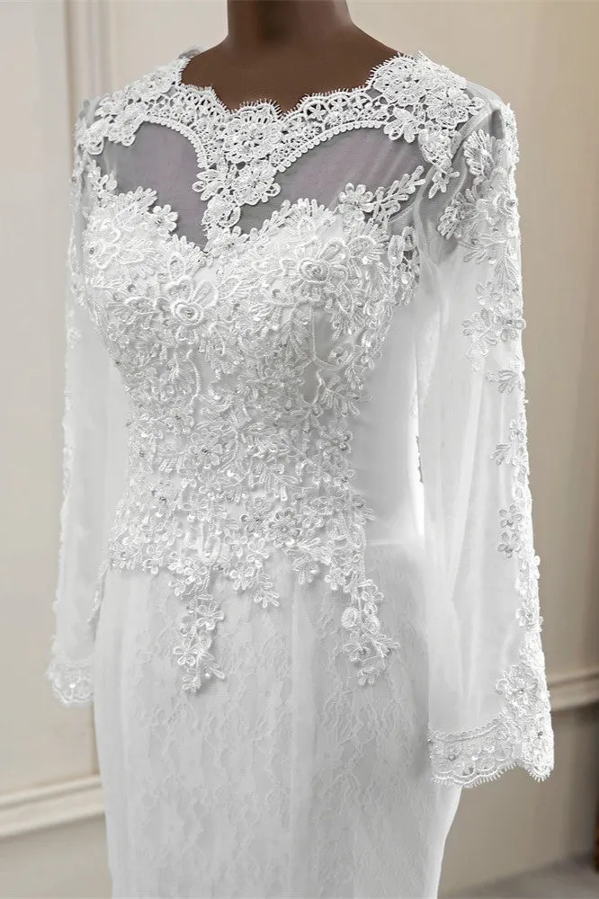 Elegant Long Mermaid Tulle Jewel Wedding Dress with Sleeves