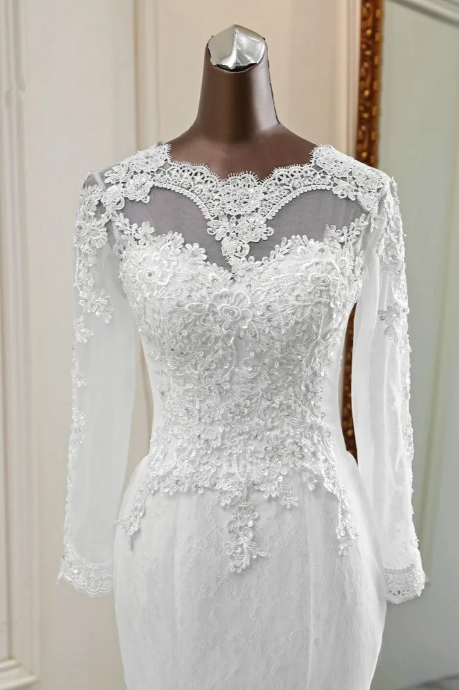 Elegant Long Mermaid Tulle Jewel Wedding Dress with Sleeves
