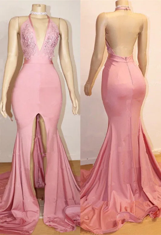 Elegant Pink Prom Party Gowns| Backless Lace Evening Gown With Slit