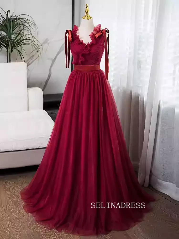 Elegant Red V neck Prom Dress Tulle Ball Gown Evening Gowns TKL3024