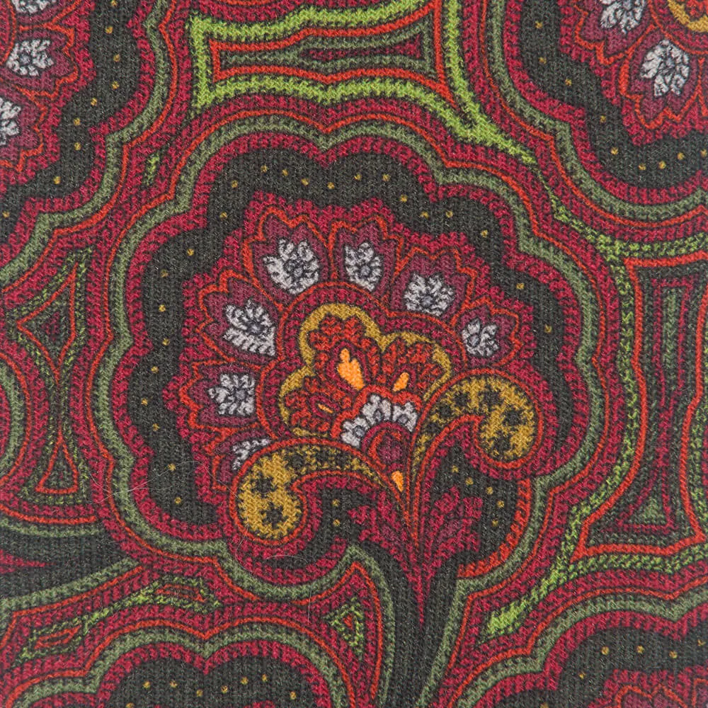 Floral Paisley Burgundy and Green Silk Wool Tie