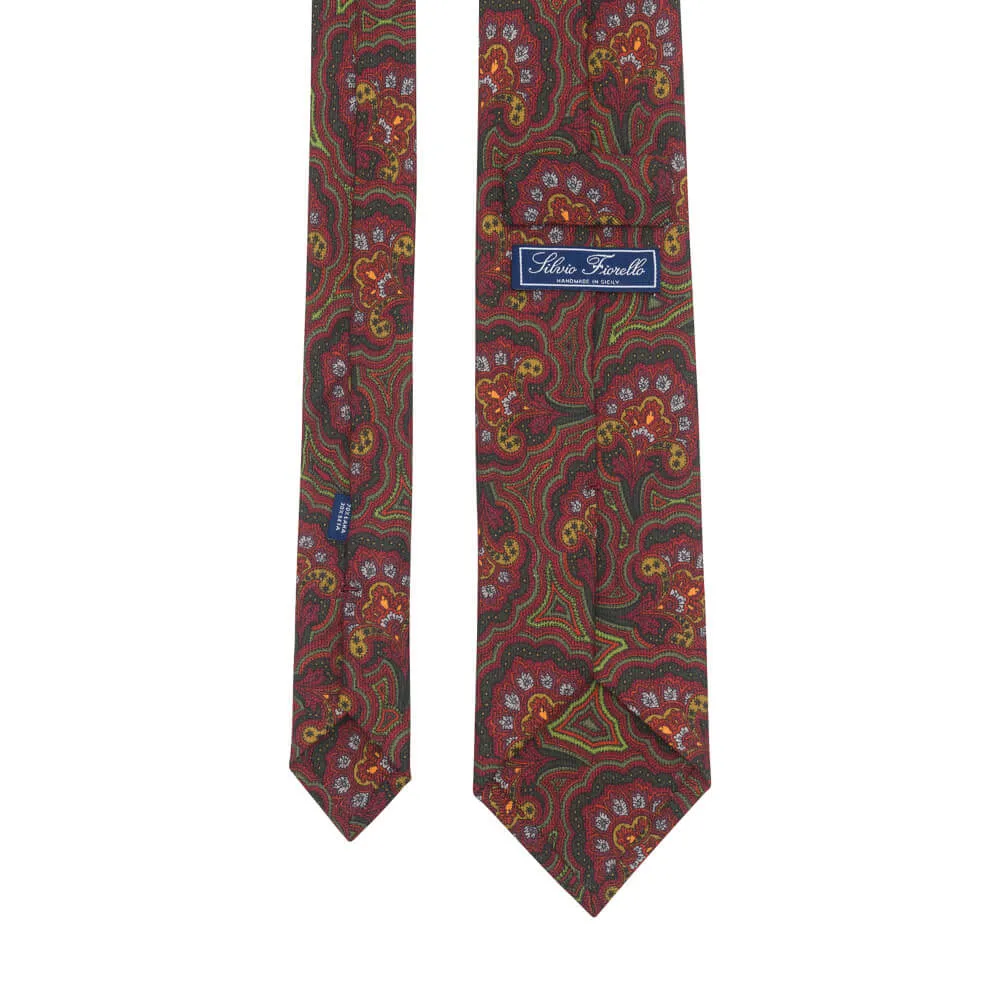 Floral Paisley Burgundy and Green Silk Wool Tie
