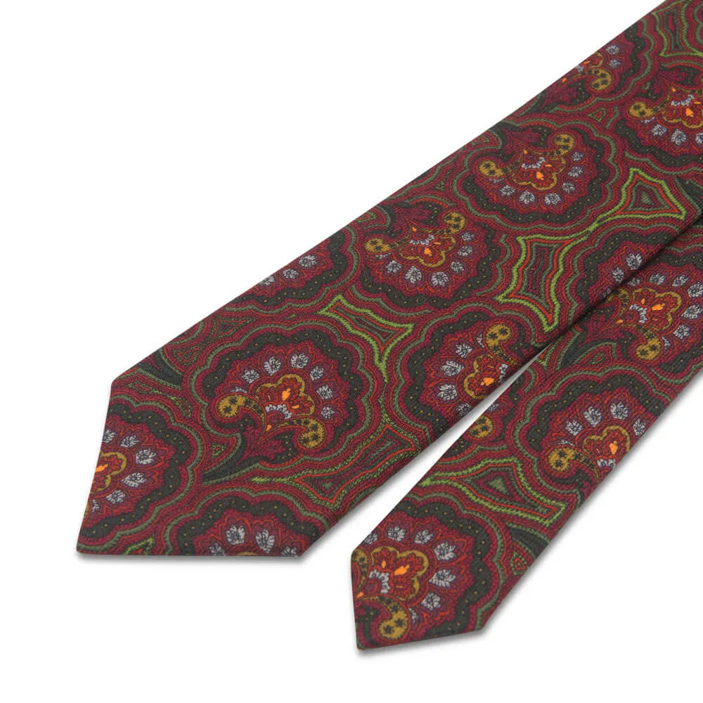 Floral Paisley Burgundy and Green Silk Wool Tie