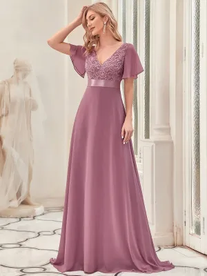 Flutter Sleeve Lace Empire Waist Evening Dress