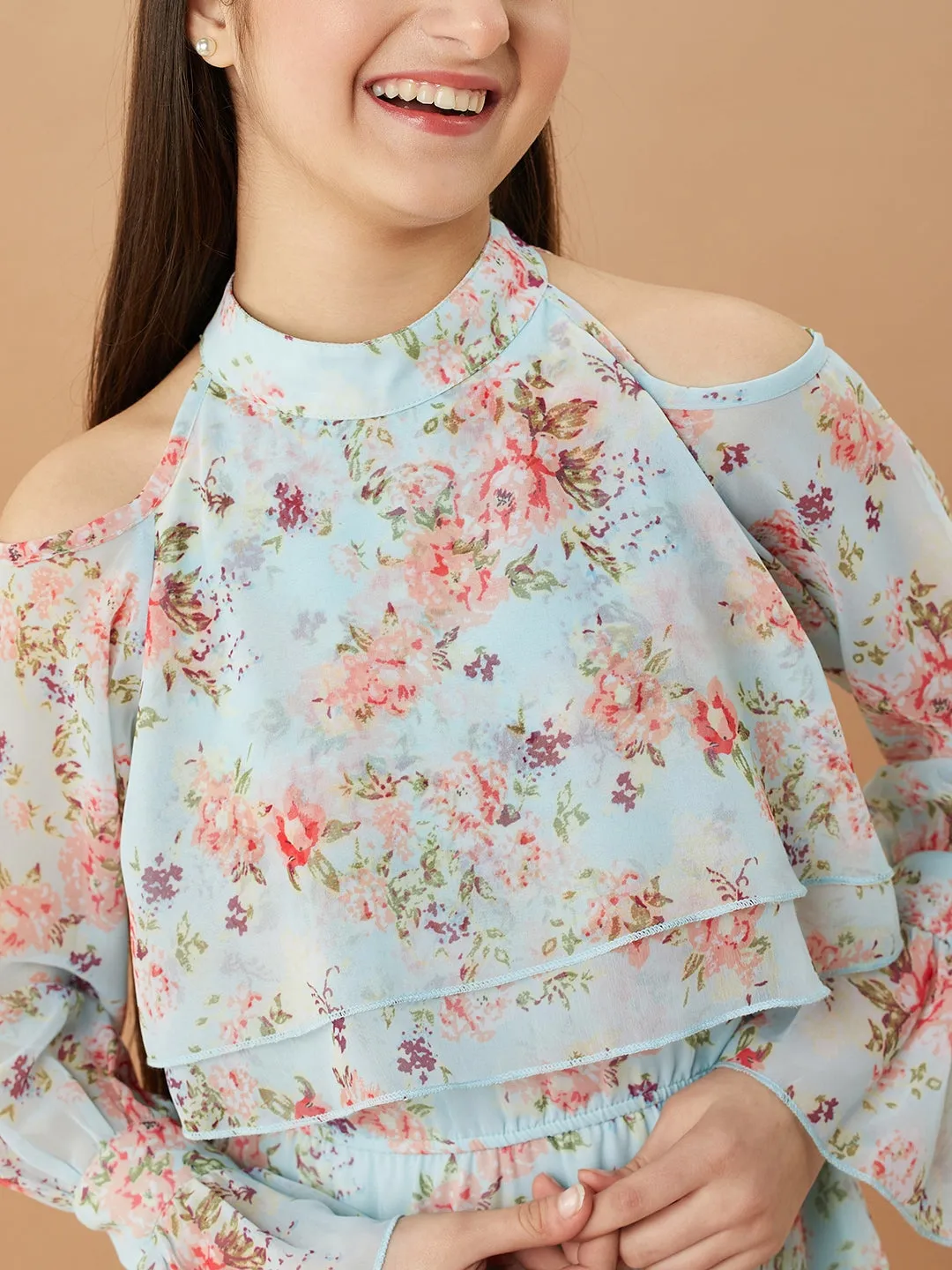 Girls Floral Printed Layered A-Line Dress