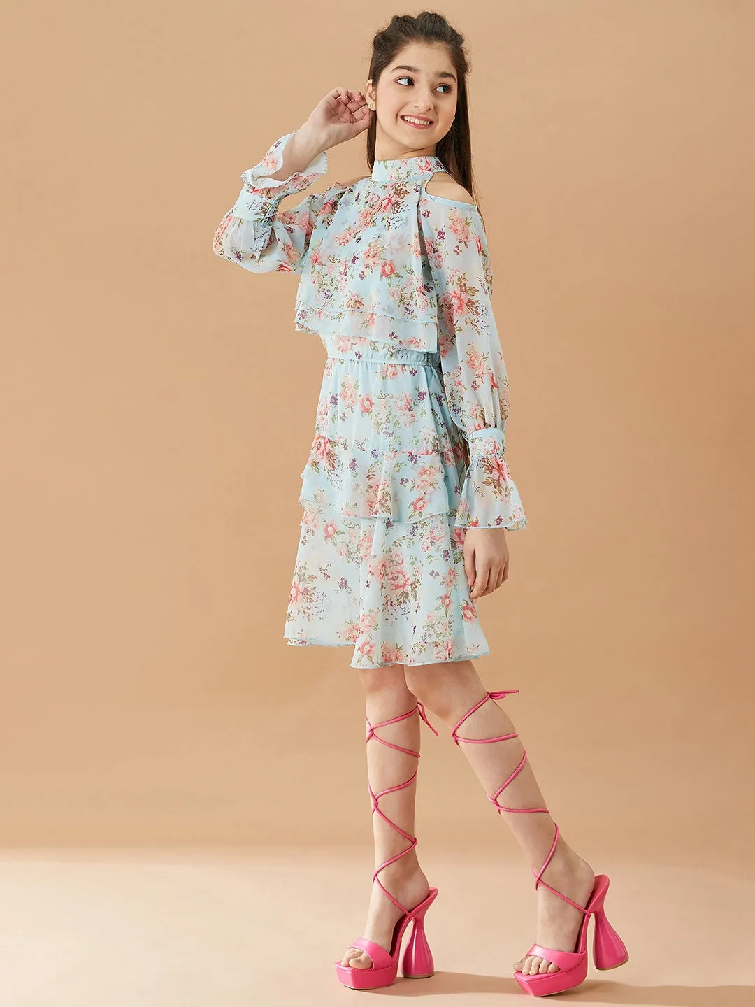 Girls Floral Printed Layered A-Line Dress