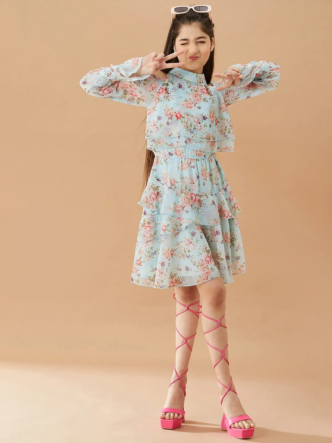 Girls Floral Printed Layered A-Line Dress