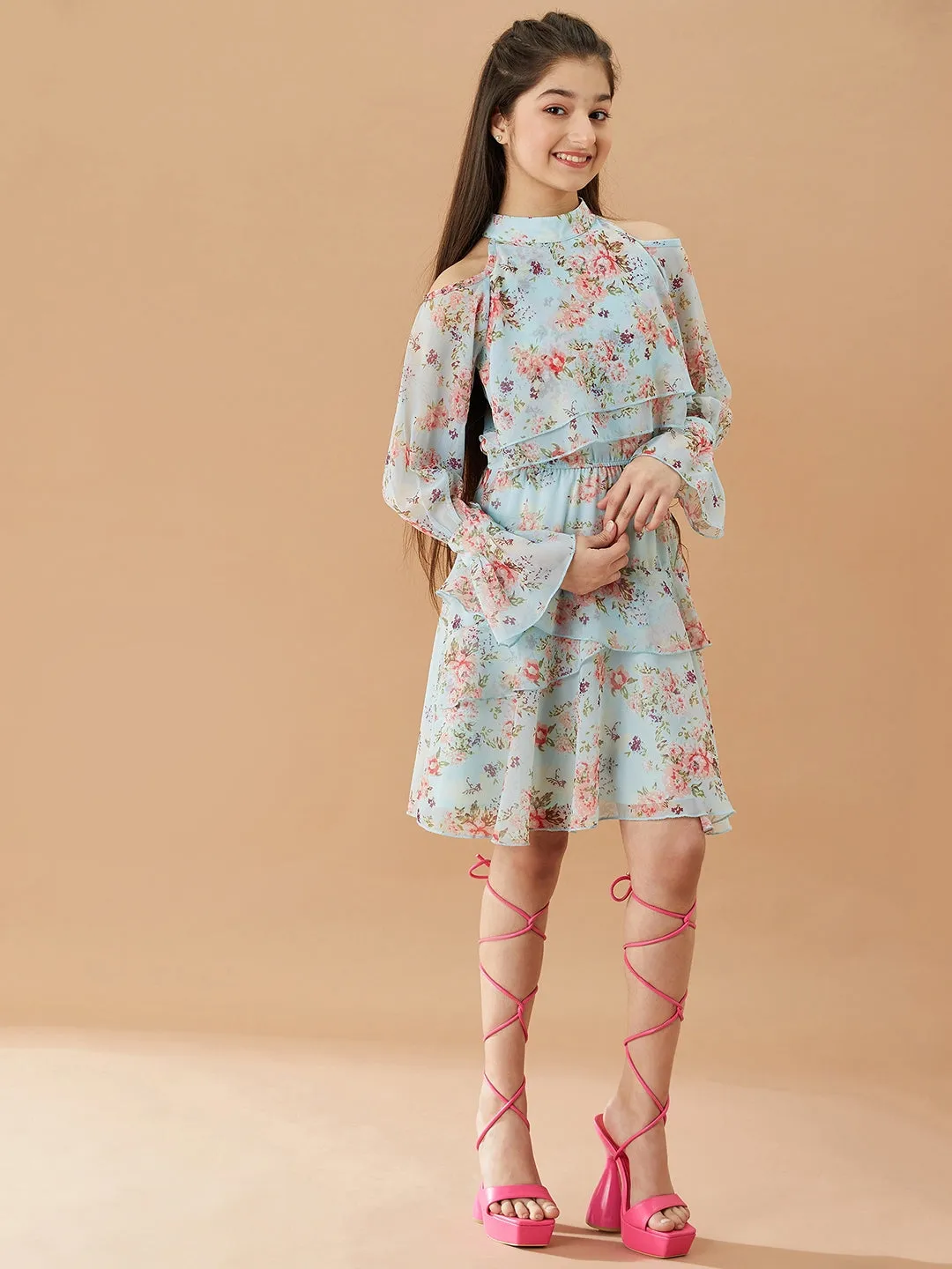Girls Floral Printed Layered A-Line Dress