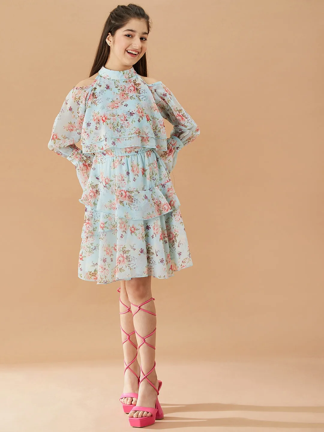 Girls Floral Printed Layered A-Line Dress
