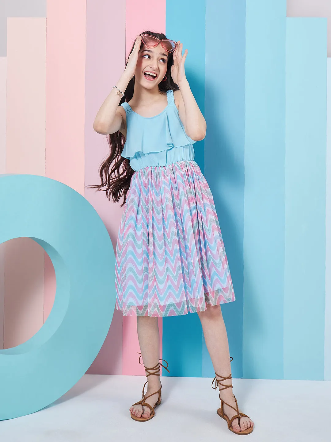 Girls Geometric Printed Georgette Fit Flare Dress