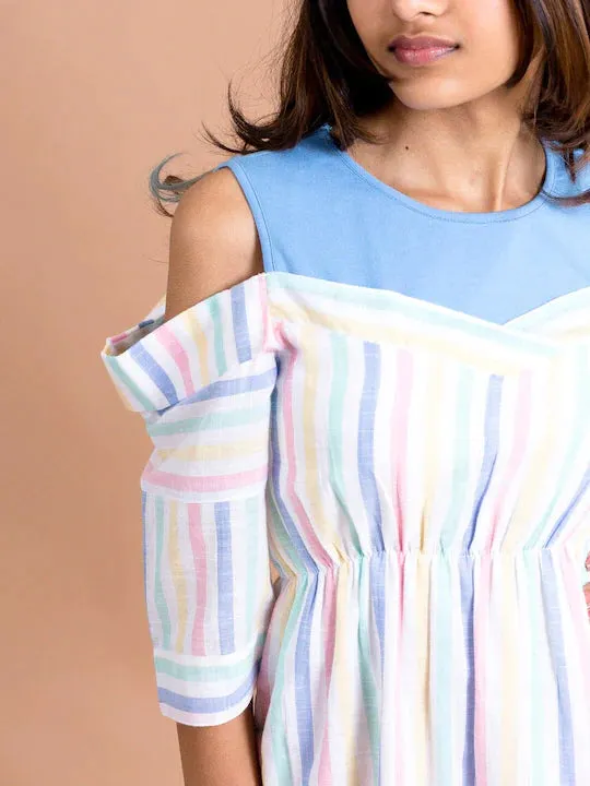Girls Multi Striped Cotton Fit Flare Dress