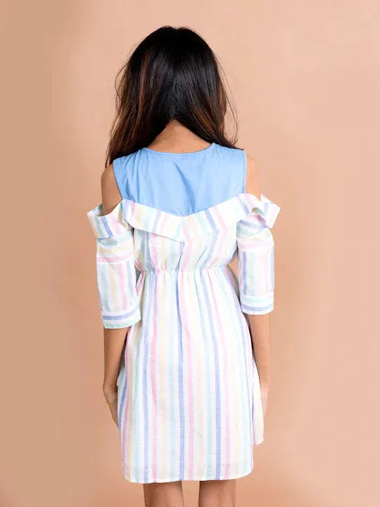Girls Multi Striped Cotton Fit Flare Dress