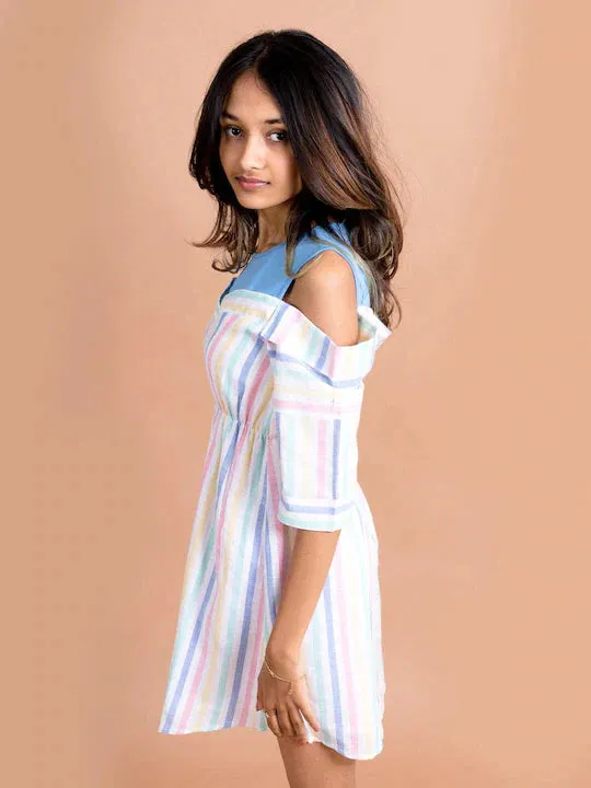 Girls Multi Striped Cotton Fit Flare Dress
